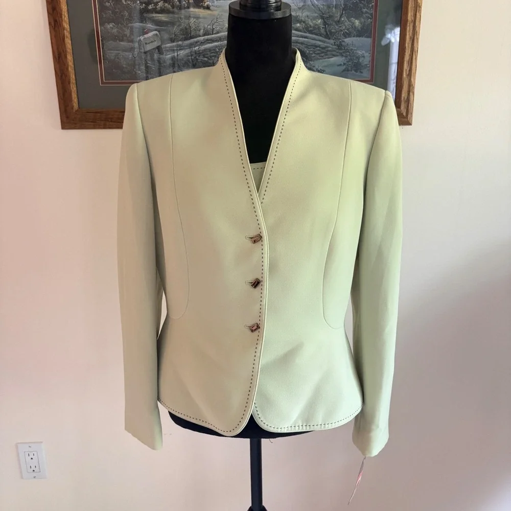 Tahari Arthur S Levine Blazer Shell Set Womens 12 Sage Green Pick Stitch Suit